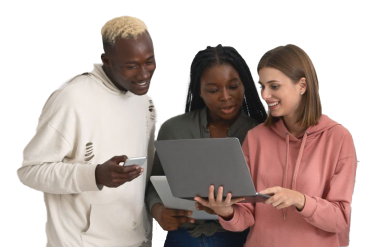 A diverse group of people looking at a laptop